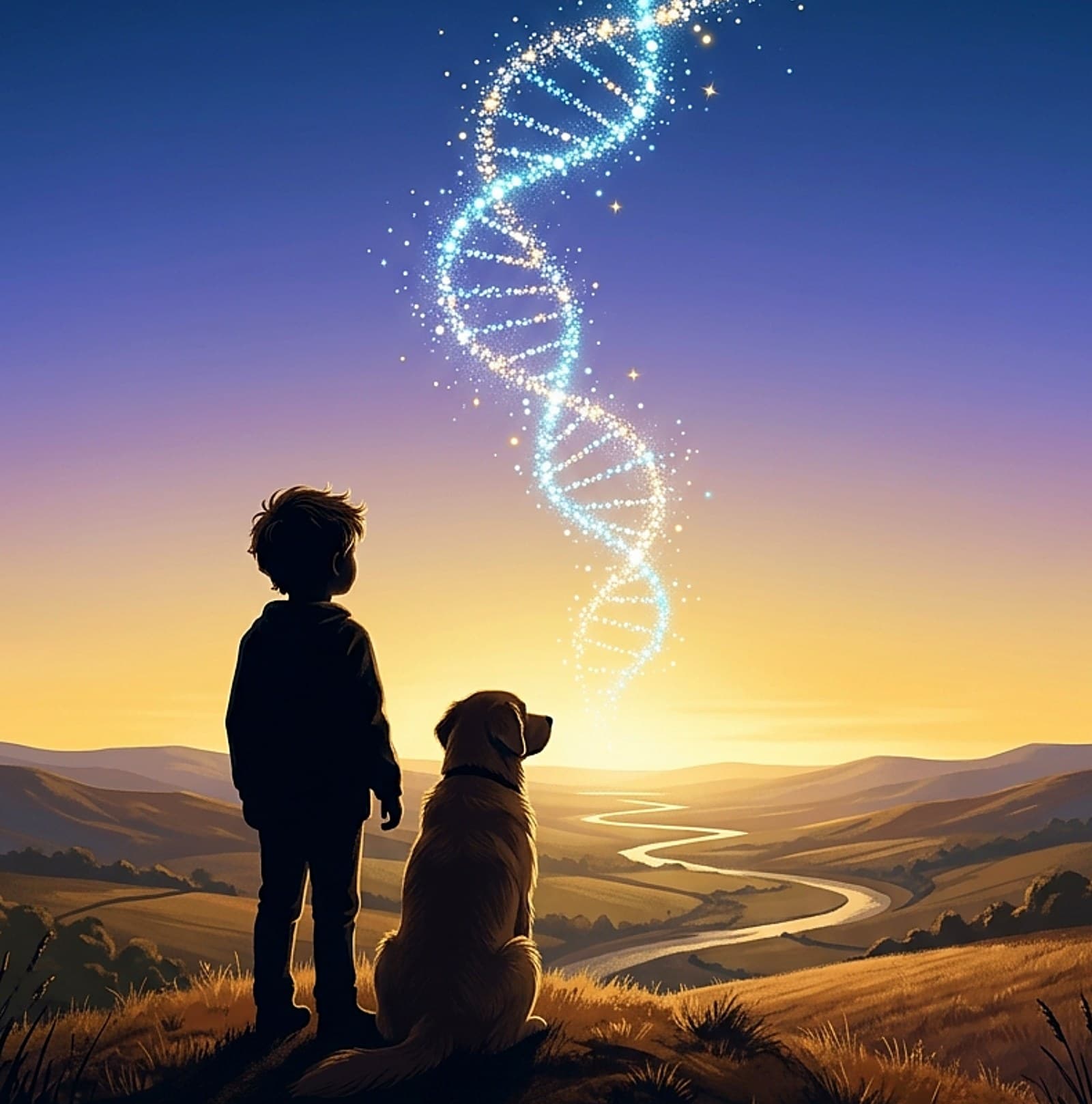 Un niño y su perro miran el atardecer sobre un valle, con una hélice de ADN luminosa